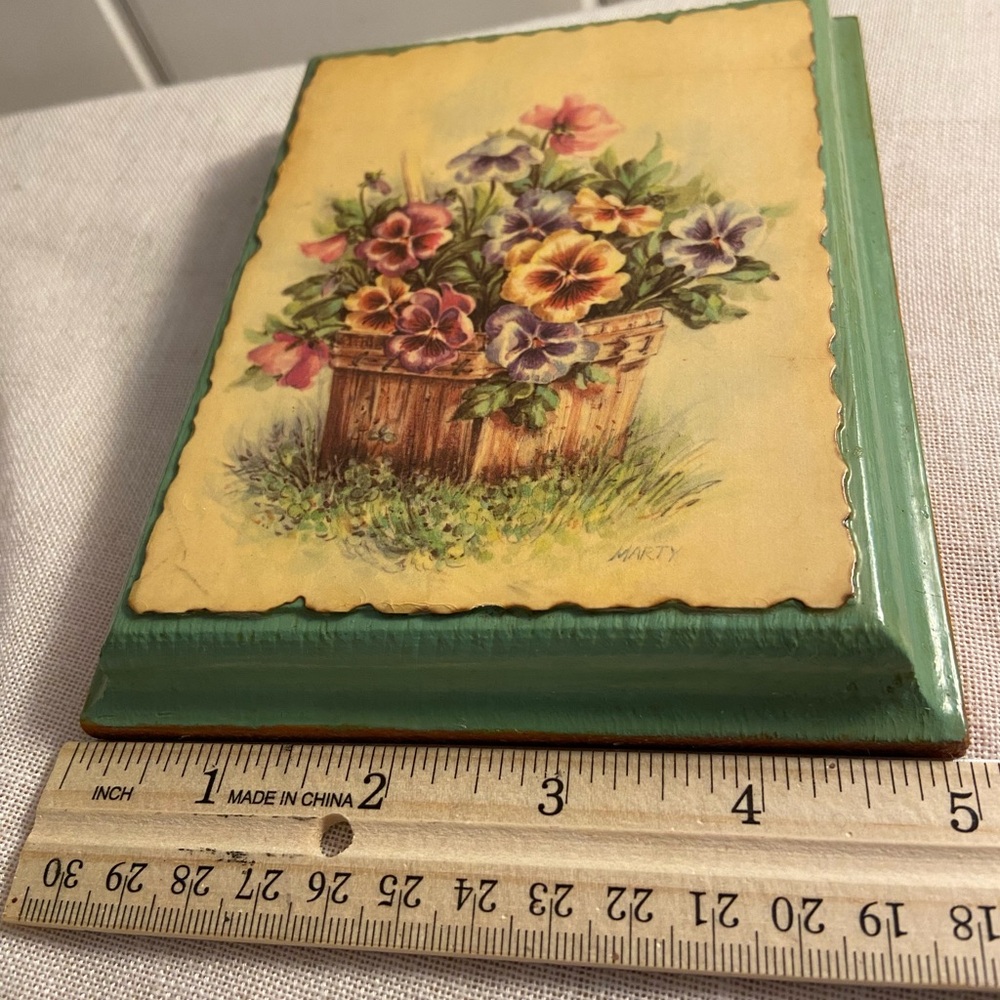 Vintage flower art wood wall hanging  ppansy flower basket card painted MCM 70s - Picture 7 of 16